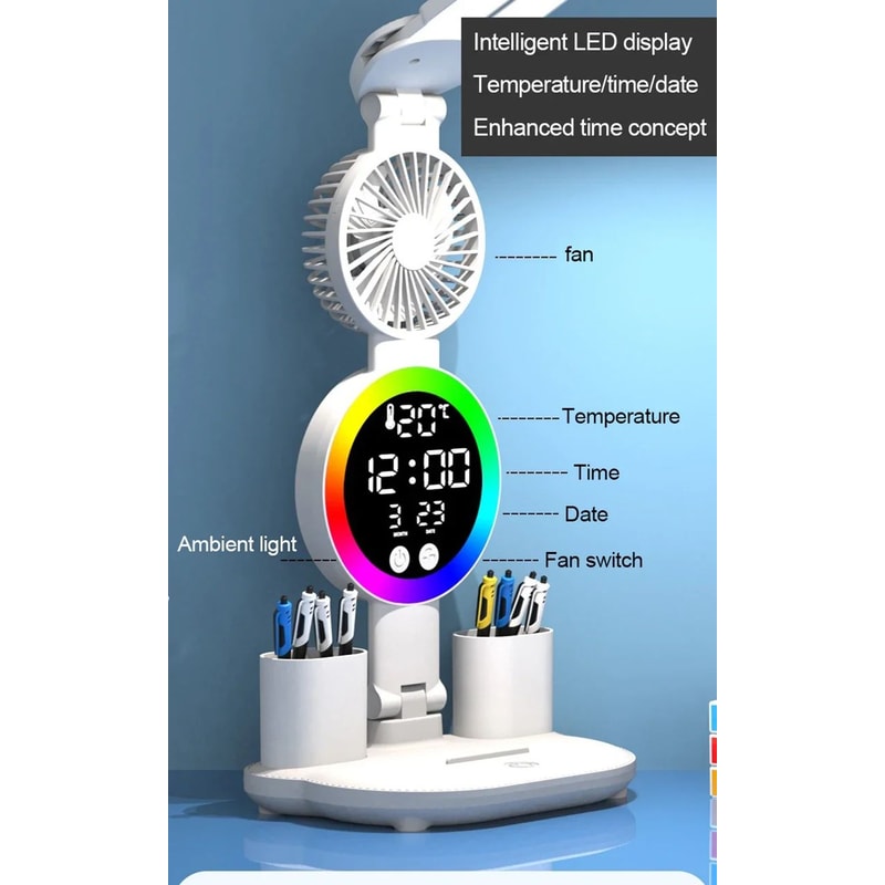 LED Desk Lamp With Fan Clock Display Adjustable Brightness Reading Light For Study Night Light For 17