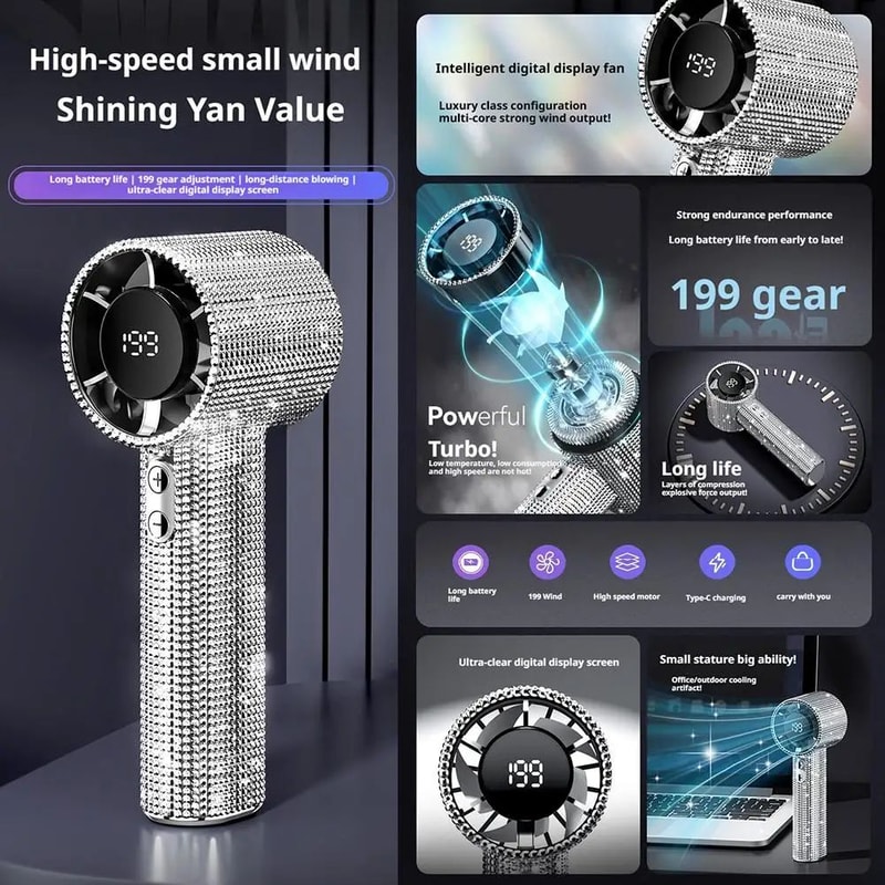 DiamondStudded Portable Mini Handheld Fan W Digital Display Silent HighSpeed Motor Rechargeable Su 3