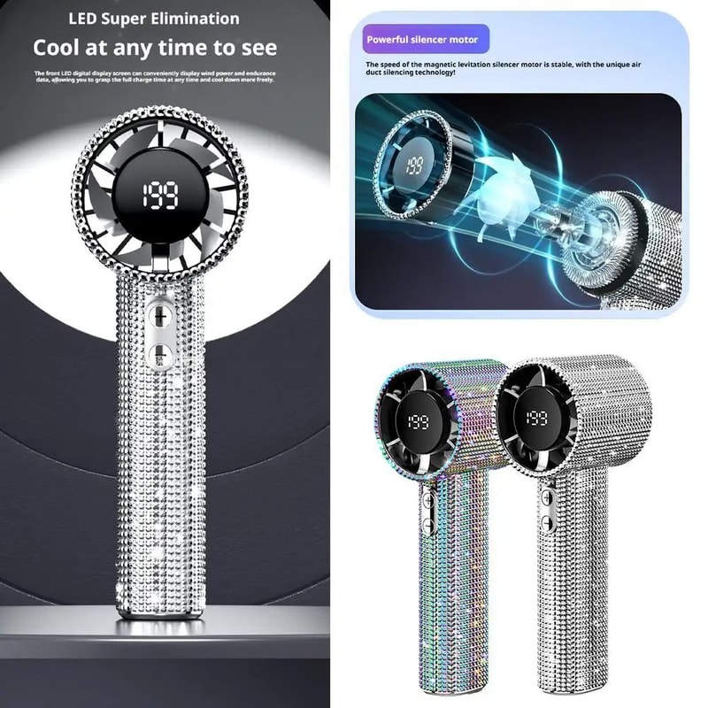 DiamondStudded Portable Mini Handheld Fan W Digital Display Silent HighSpeed Motor Rechargeable Su 5