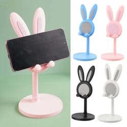 cute rabbit adjustable phone stand for desk - universal tablet holder, telescopic height, sturdy hands-free viewing, gif
