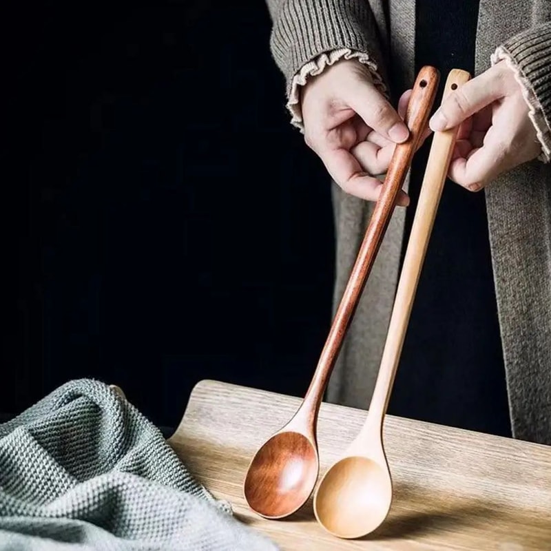 Long Handle Natural Wooden Spoon Durable Soup Ladle Scoop For Cooking Stirring Coffee Dessert Kit 5