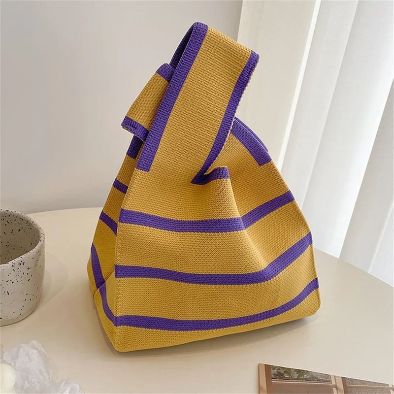 Womens Knitted Stripe Tote Handbag Reusable Mini Shoulder Wrist Bag For Students Casual EcoFriend 6