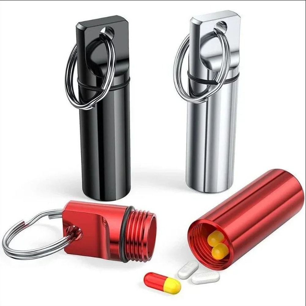 Waterproof Aluminum Pill Box Keychain With Carabiner Outdoor Travel Medicine Case Container Secure 2