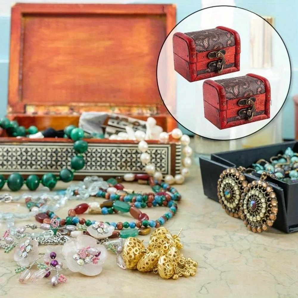 6 Pcs Vintage Wooden Jewelry Boxes W Lock Mini Treasure Chest Ring Keepsake Storage Stackable Red 3