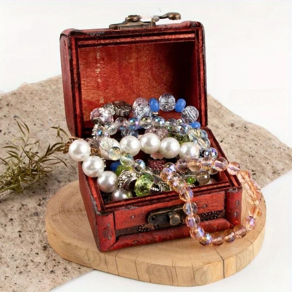 6 Pcs Vintage Wooden Jewelry Boxes W Lock Mini Treasure Chest Ring Keepsake Storage Stackable Red 5