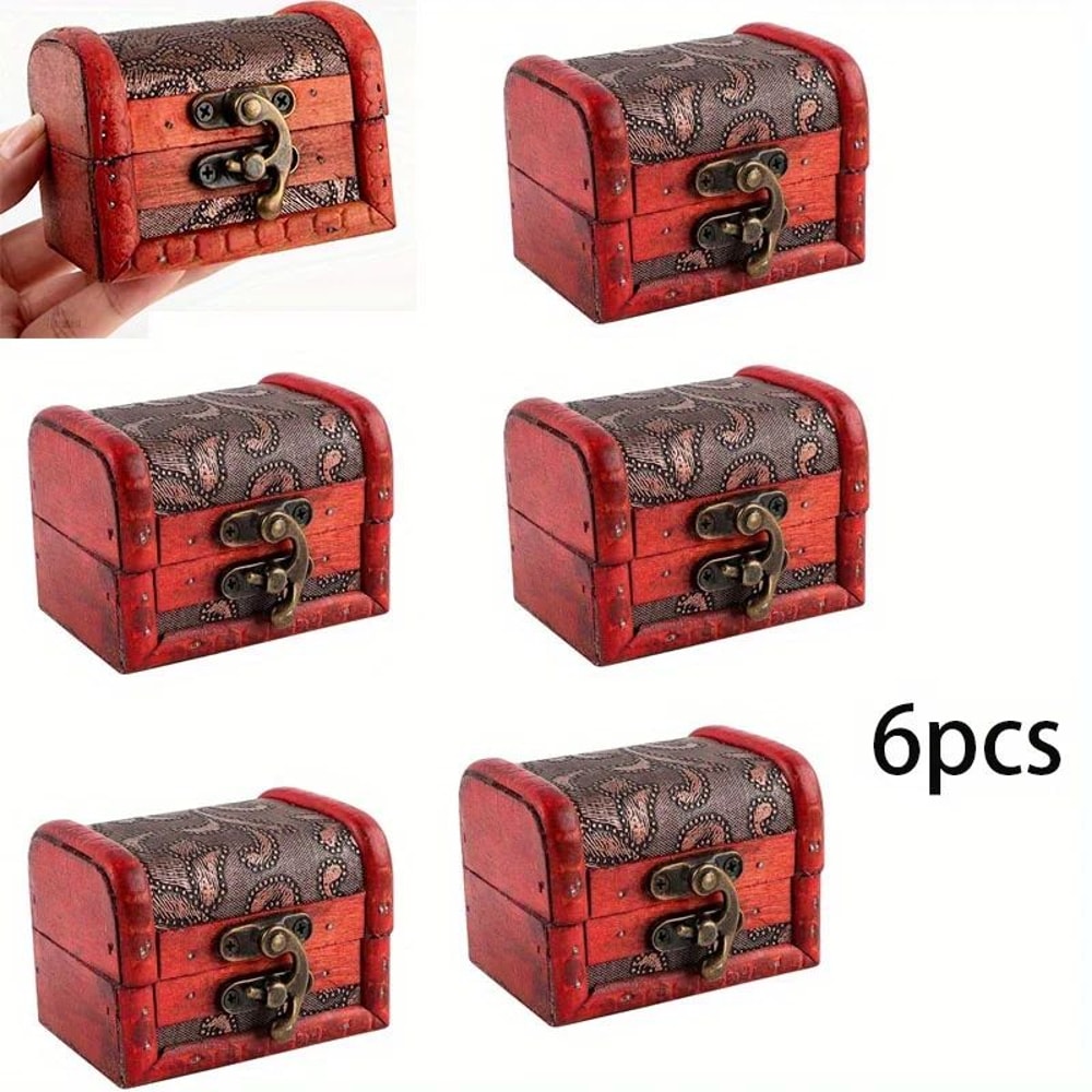 6 Pcs Vintage Wooden Jewelry Boxes W Lock Mini Treasure Chest Ring Keepsake Storage Stackable Red 6