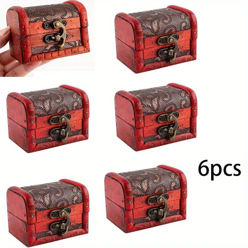 6 Pcs Vintage Wooden Jewelry Boxes W Lock Mini Treasure Chest Ring Keepsake Storage Stackable Red 6