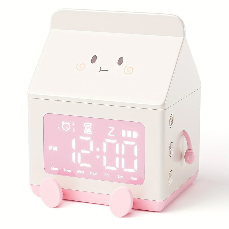 Cute Milk Box Digital Alarm Clock Mini LED Date Display Countdown Timer Silent Triple Alarm Rechar 1