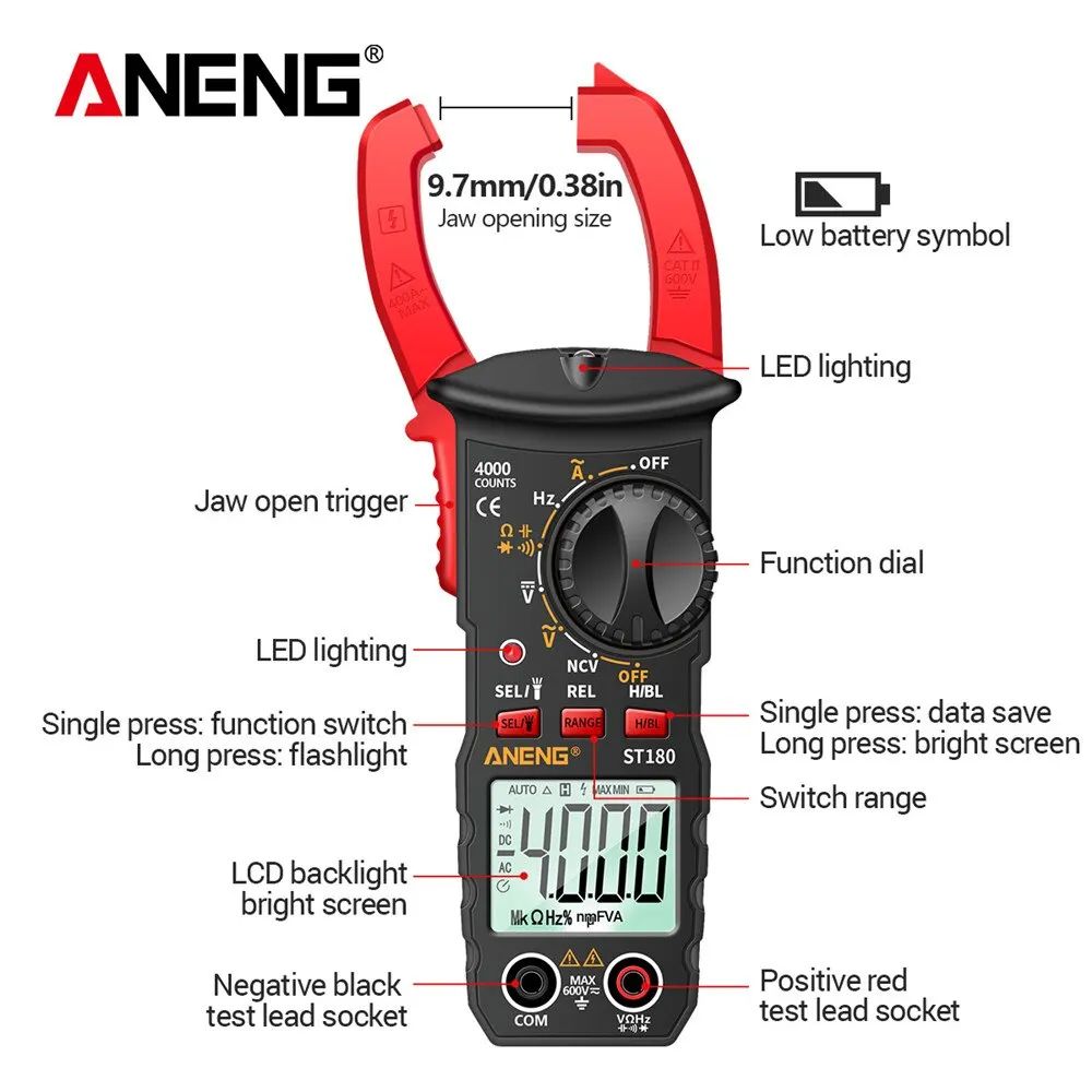 ANENG ST180 Clamp Meter 4000 Count 400A AC Ammeter Multimeter W NCV Hz Capacitance 600V Tester 4