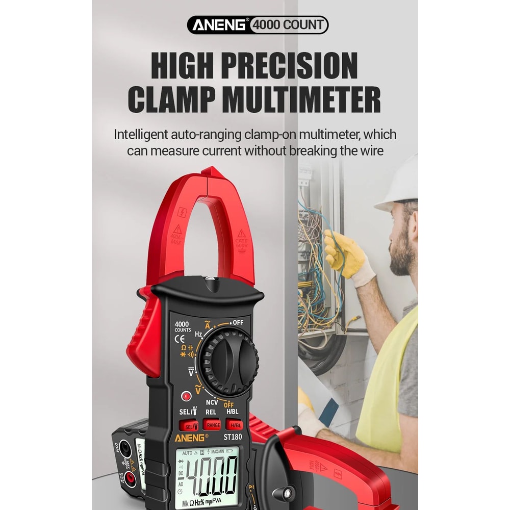 ANENG ST180 Clamp Meter 4000 Count 400A AC Ammeter Multimeter W NCV Hz Capacitance 600V Tester 6