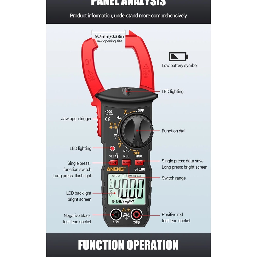 ANENG ST180 Clamp Meter 4000 Count 400A AC Ammeter Multimeter W NCV Hz Capacitance 600V Tester 8