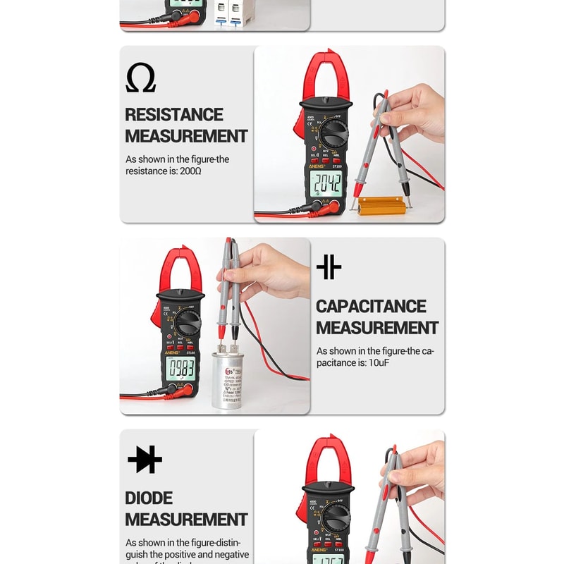 ANENG ST180 Clamp Meter 4000 Count 400A AC Ammeter Multimeter W NCV Hz Capacitance 600V Tester 10