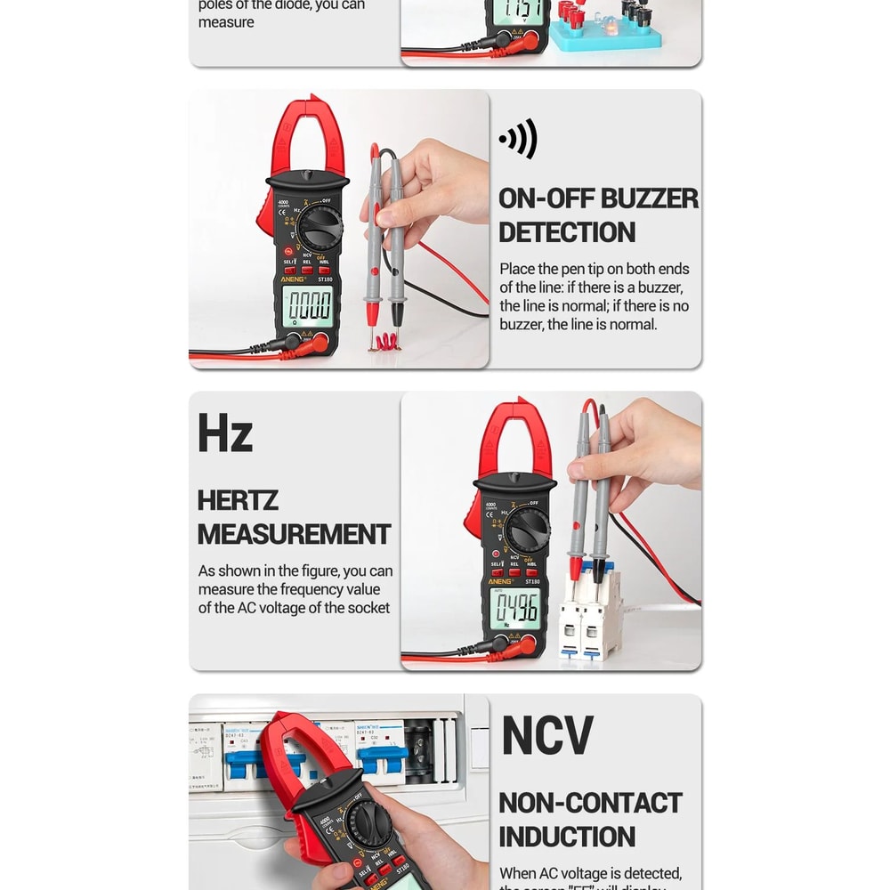ANENG ST180 Clamp Meter 4000 Count 400A AC Ammeter Multimeter W NCV Hz Capacitance 600V Tester 11