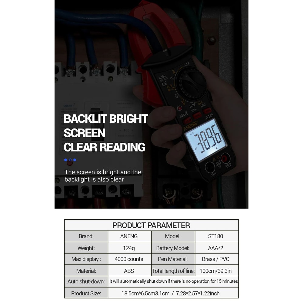 ANENG ST180 Clamp Meter 4000 Count 400A AC Ammeter Multimeter W NCV Hz Capacitance 600V Tester 14