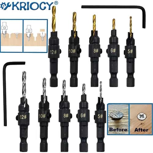 5 Pcs Countersink Drill Bit Set for Wood Screws No5-12 - Adjustable Pilot Hole & Counterbore, 1/4 inches Hex Shank