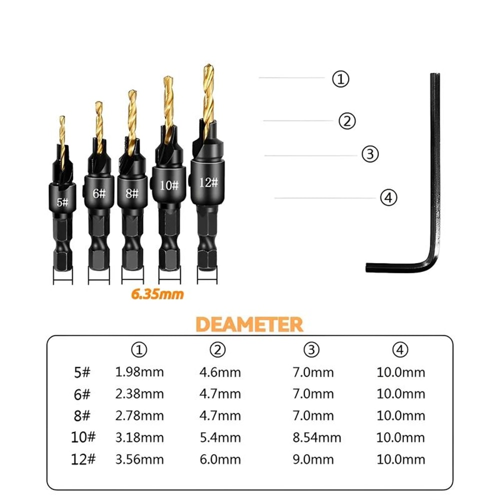 5 Pcs Countersink Drill Bit Set For Wood Screws No5 No12 Adjustable Pilot Hole Counterbore 14 In 5