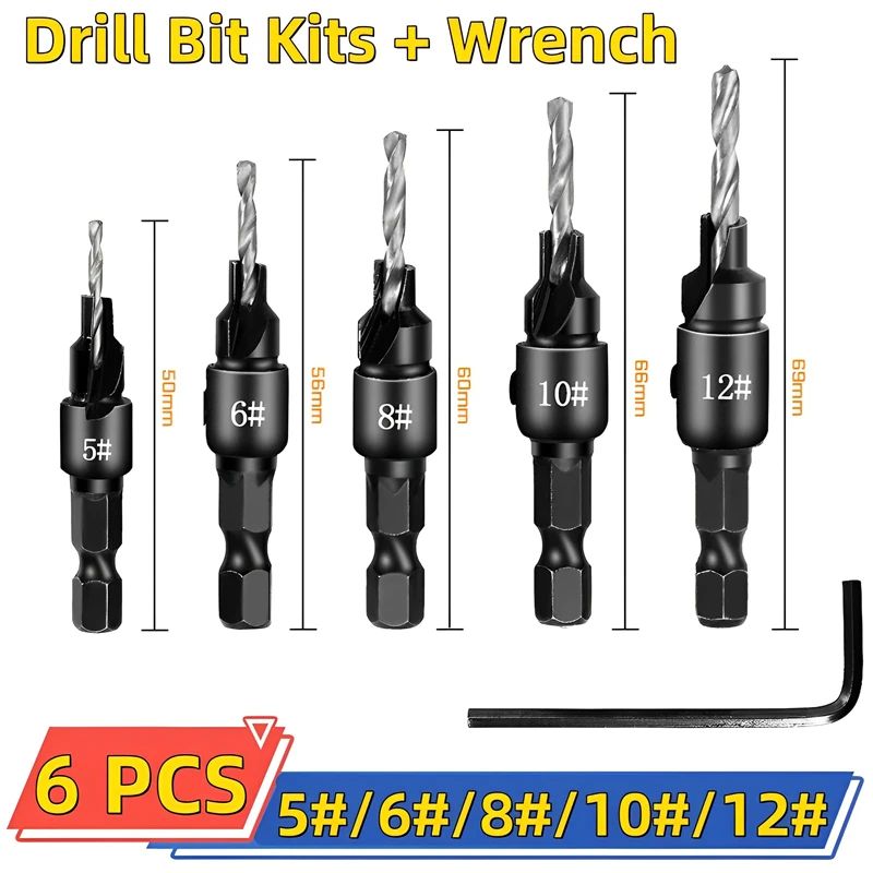 5 Pcs Countersink Drill Bit Set For Wood Screws No5 No12 Adjustable Pilot Hole Counterbore 14 In 6