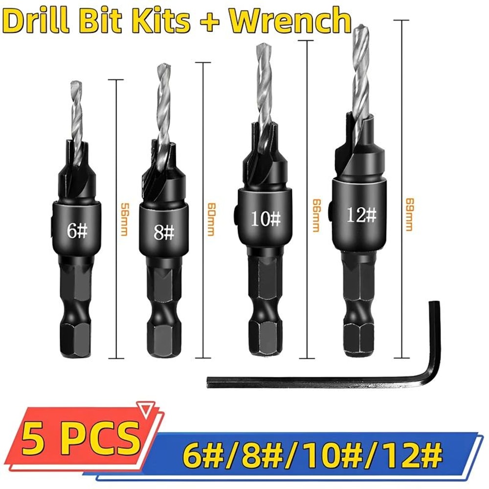 5 Pcs Countersink Drill Bit Set For Wood Screws No5 No12 Adjustable Pilot Hole Counterbore 14 In 7