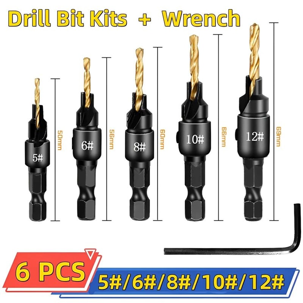 5 Pcs Countersink Drill Bit Set For Wood Screws No5 No12 Adjustable Pilot Hole Counterbore 14 In 8