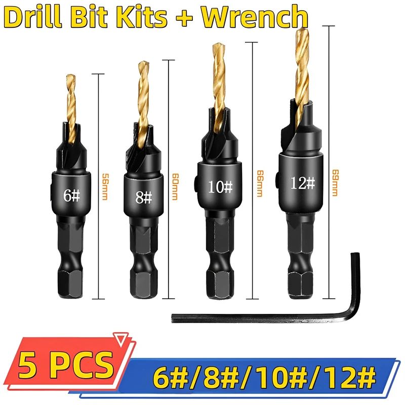 5 Pcs Countersink Drill Bit Set For Wood Screws No5 No12 Adjustable Pilot Hole Counterbore 14 In 9