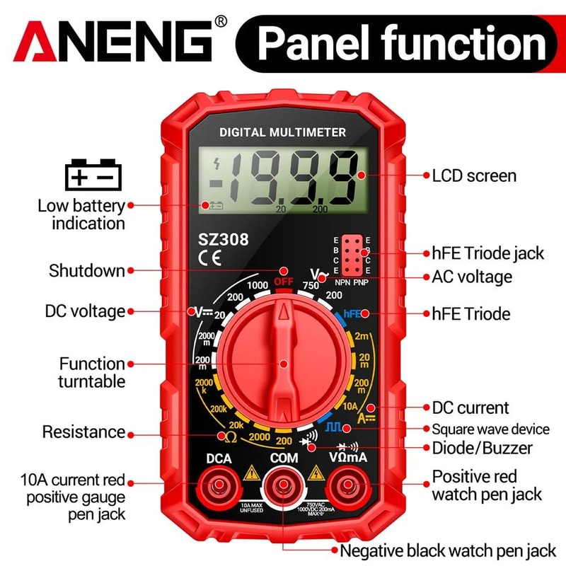 ANENG SZ308 Digital Multimeter 1000V DC750V AC Tester OhmDiodeHFE Backlit LCD For Electricians 4