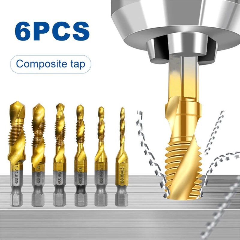 6 Pcs Titanium Plated Drill Tap Set M3M10 High Speed Steel Hex Shank Tap Drill Combo With Chamfer 0