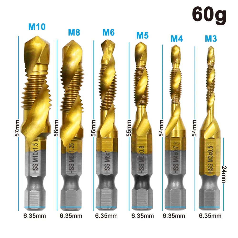 Mr Drill 6 Pcs TitaniumPlated 4341 HSS Drill Tap Combo Set Hex Shank Tap Chamfer Bits For Metal 1
