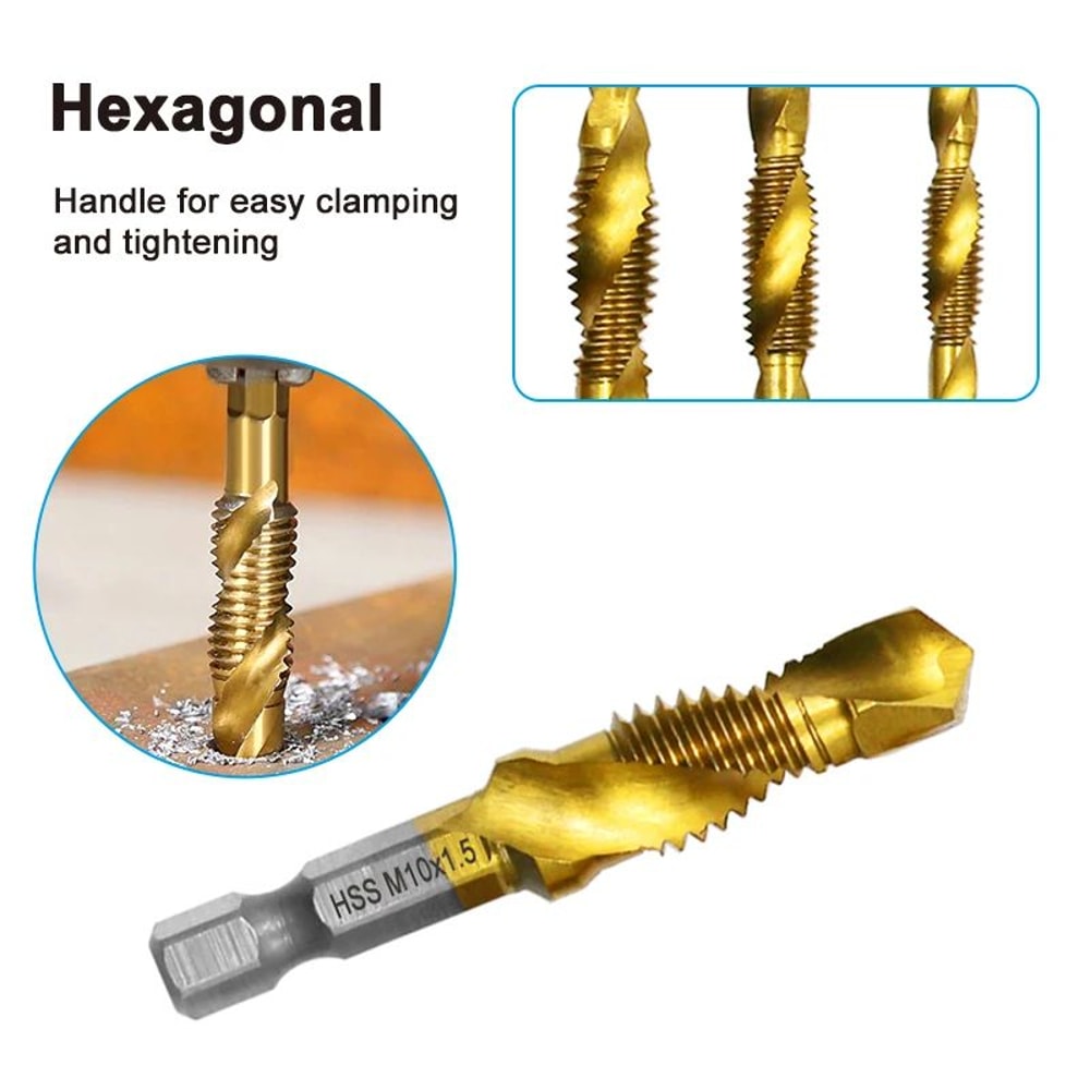 Mr Drill 6 Pcs TitaniumPlated 4341 HSS Drill Tap Combo Set Hex Shank Tap Chamfer Bits For Metal 3