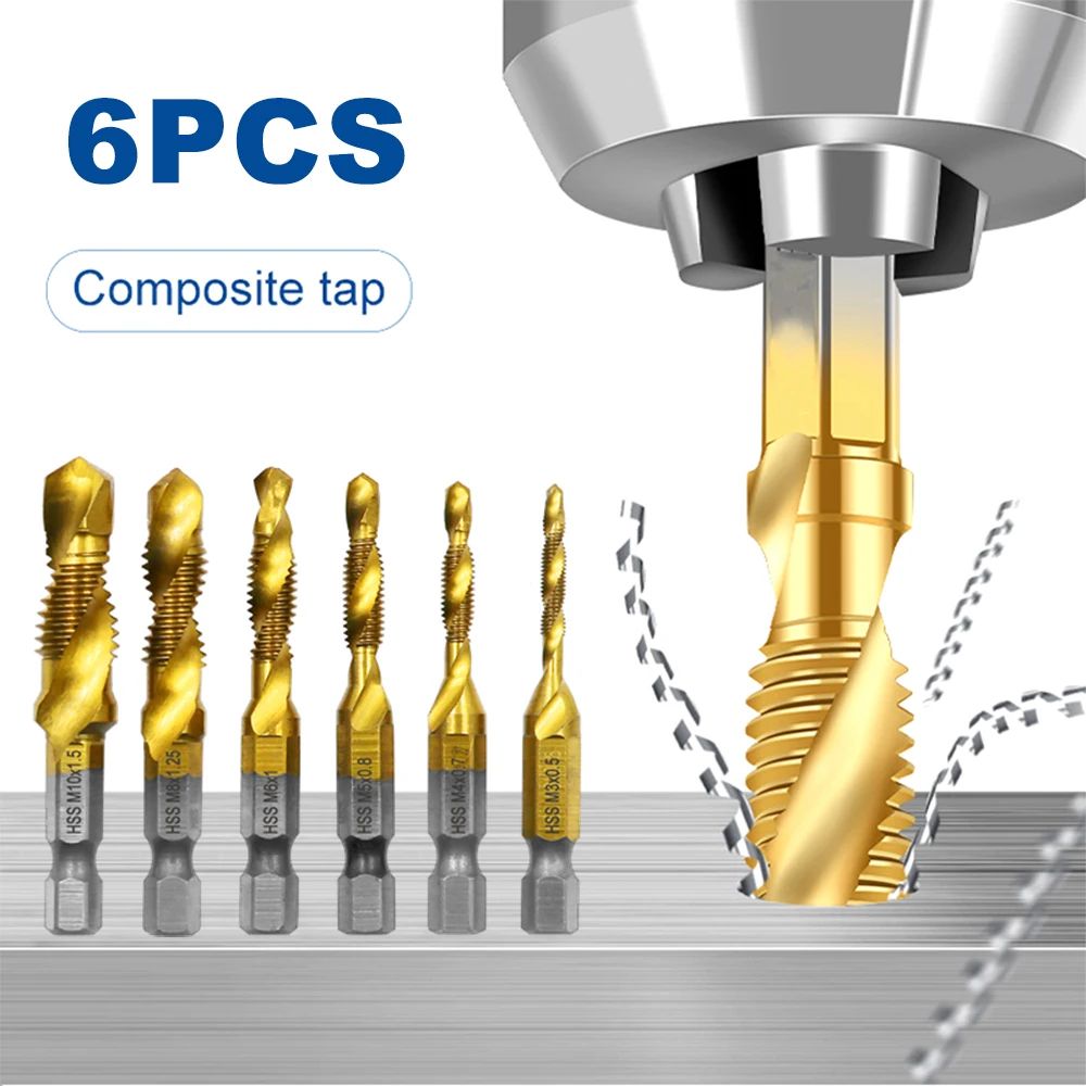 Mr Drill 6 Pcs TitaniumPlated 4341 HSS Drill Tap Combo Set Hex Shank Tap Chamfer Bits For Metal 7