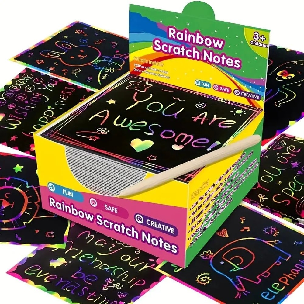 100 Pcs Rainbow Scratch Art Note Cards Set Dazzling DIY Scratch Painting Kit For Kids TeensParentCh 0