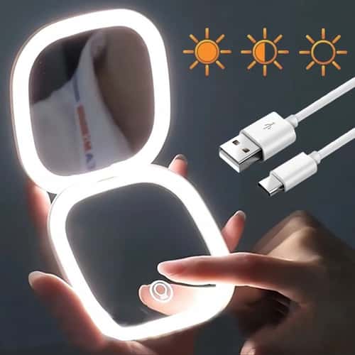 Double Sided LED Makeup Mirror with 3X Magnification – USB Rechargeable Folding Portable Vanity Mirror for Women