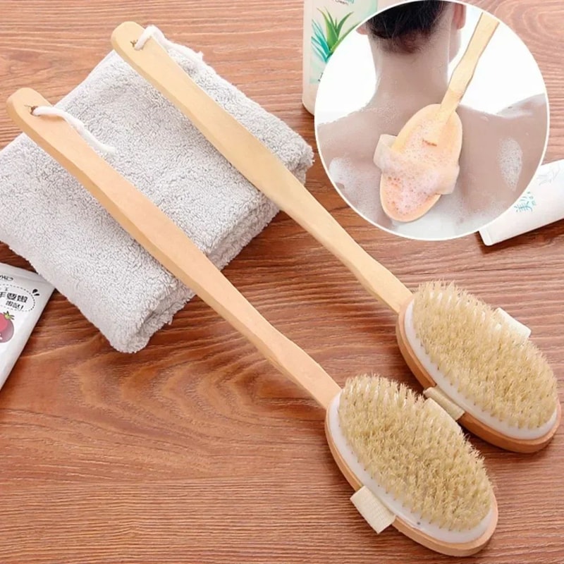 Natural Bristle Back Scrubber With Long Wooden Handle Detachable Dry Brushing Body Brush For Exfol 0