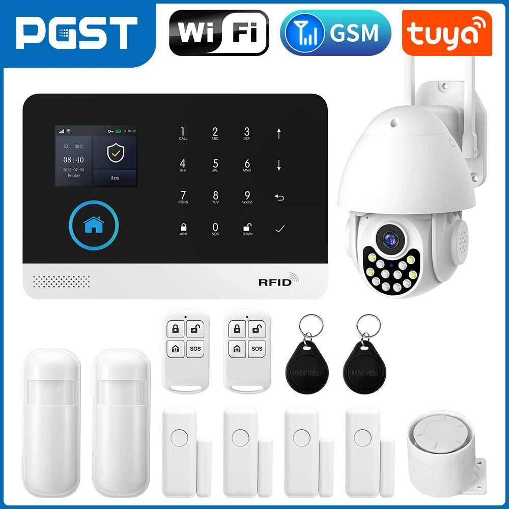 PGST 103 Smart Home Security Alarm System 4G2G GSM WiFi Burglar Alarm With 24 In Screen RFID PIR 15