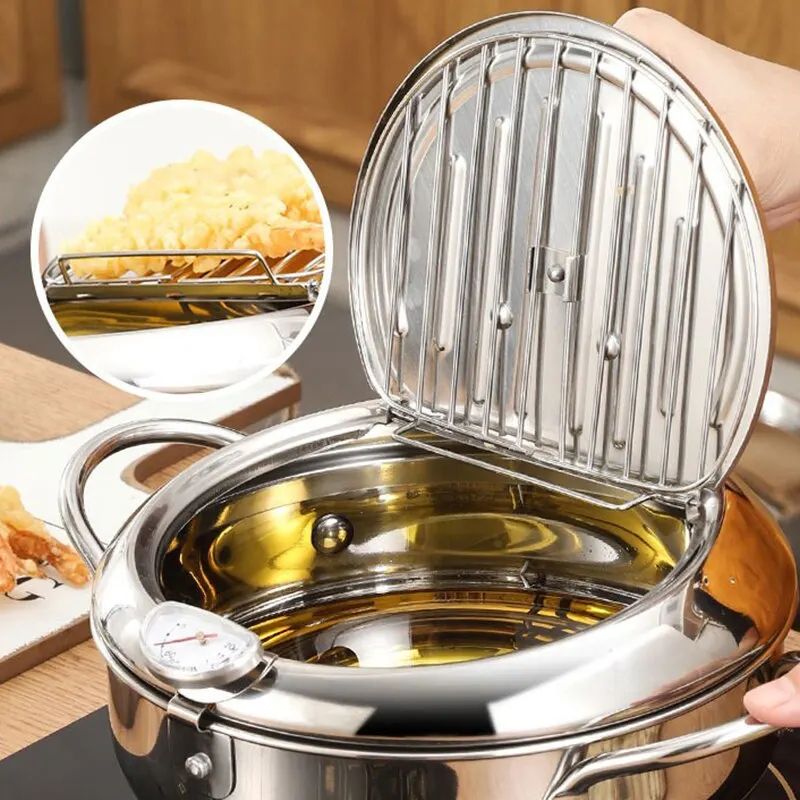Stainless Steel Deep Frying Pan With Thermometer Lid Small OilSaving Tempura Fryer Pot For French 1