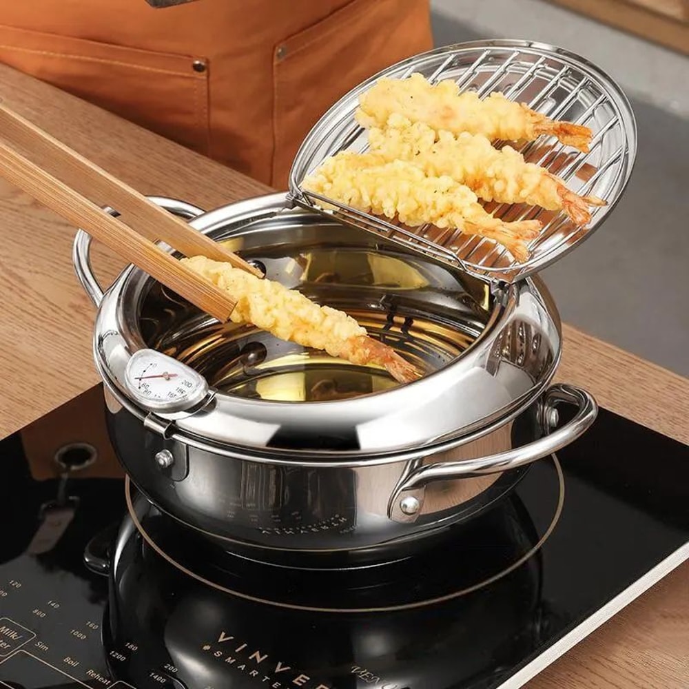 Stainless Steel Deep Frying Pan With Thermometer Lid Small OilSaving Tempura Fryer Pot For French 3