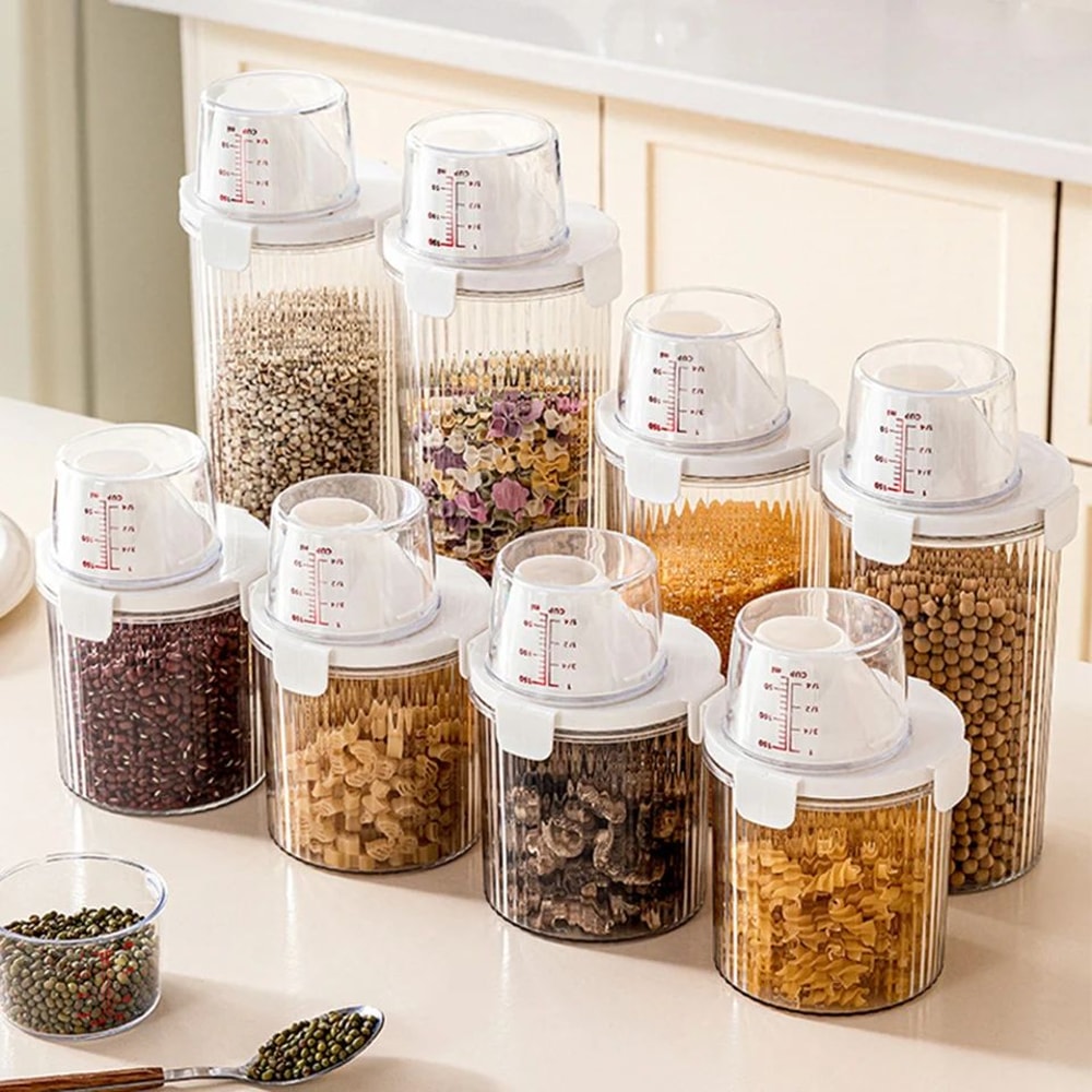 Transparent Food Storage Container With Pour Spout Measuring Cup Lid Cereal Sugar Beans Organizer 1