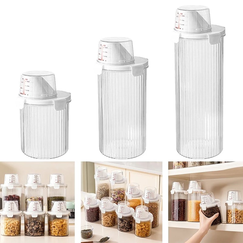 Transparent Food Storage Container With Pour Spout Measuring Cup Lid Cereal Sugar Beans Organizer 9