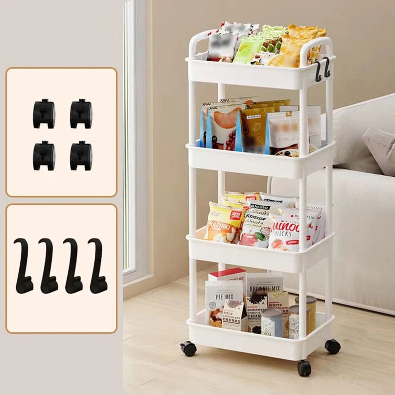 White Rolling Storage Cart 34 Tier Plastic Mobile Organizer Trolley With Wheels Hooks For Bathroo 3