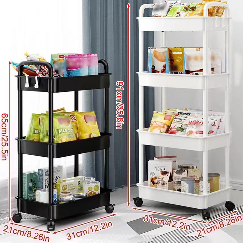 White Rolling Storage Cart 34 Tier Plastic Mobile Organizer Trolley With Wheels Hooks For Bathroo 4
