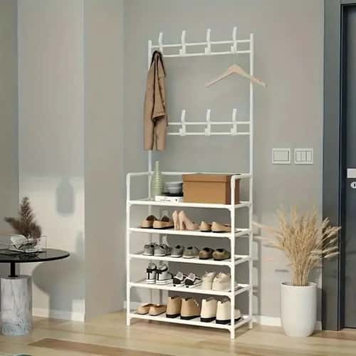 4-5 Tier Multifunctional Plastic Storage Rack Organizer, Floor Standing Shoe & Clothes Shelf, Easy Assembly Home Storage