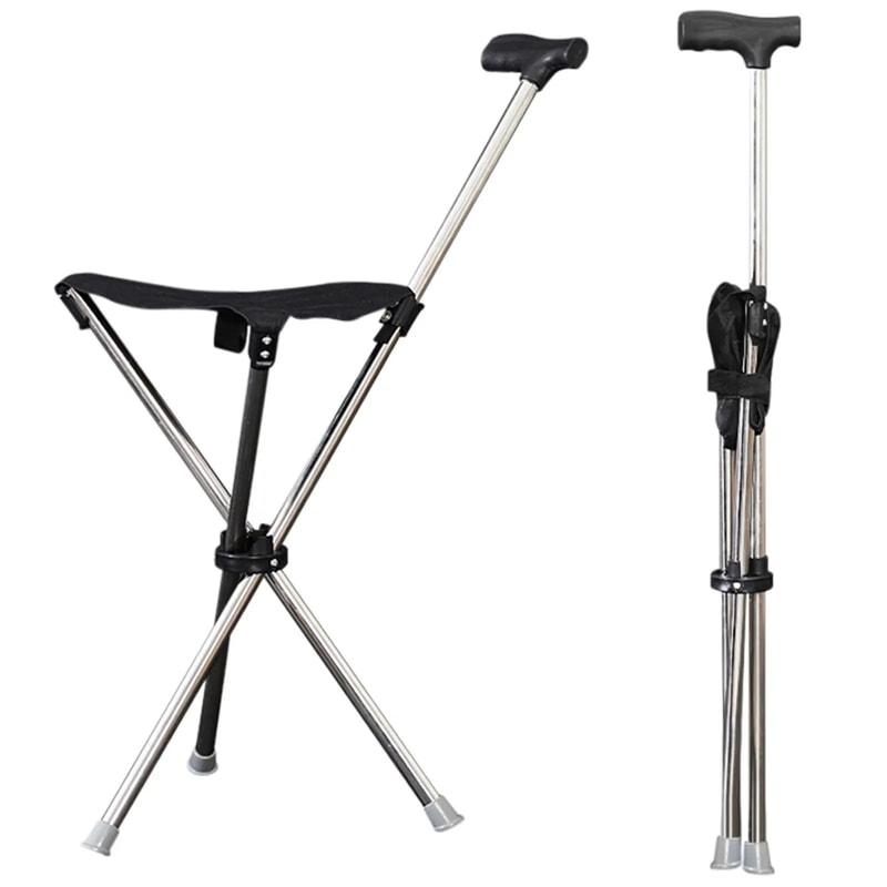 Adjustable Walking Cane With Seat Lightweight Folding Stool Chair For Travel NonSlip Handle Outdoor 6