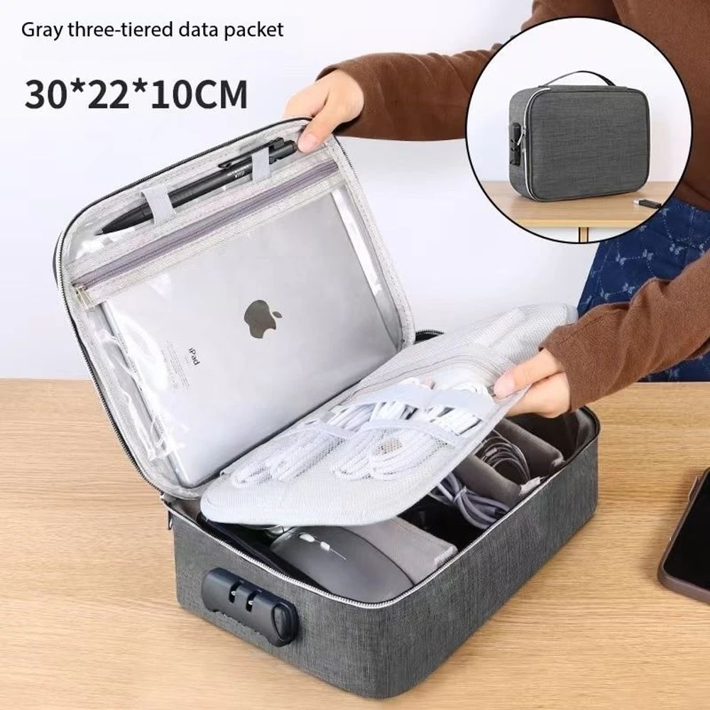 AntiTheft Locking Tech Organizer Bag With 3Digit Password Waterproof Oxford Case For IPad Cables U 8
