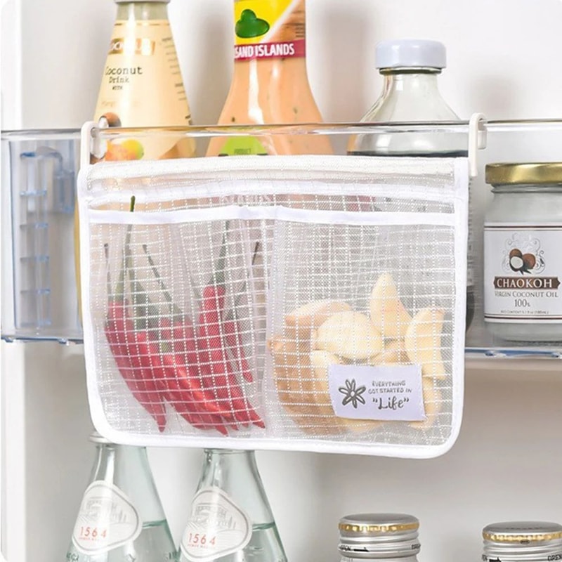 Dual Compartment Fridge Hanging Organizer Mesh Storage Bag Space Saving Fruit Snack Bin With Clea 0