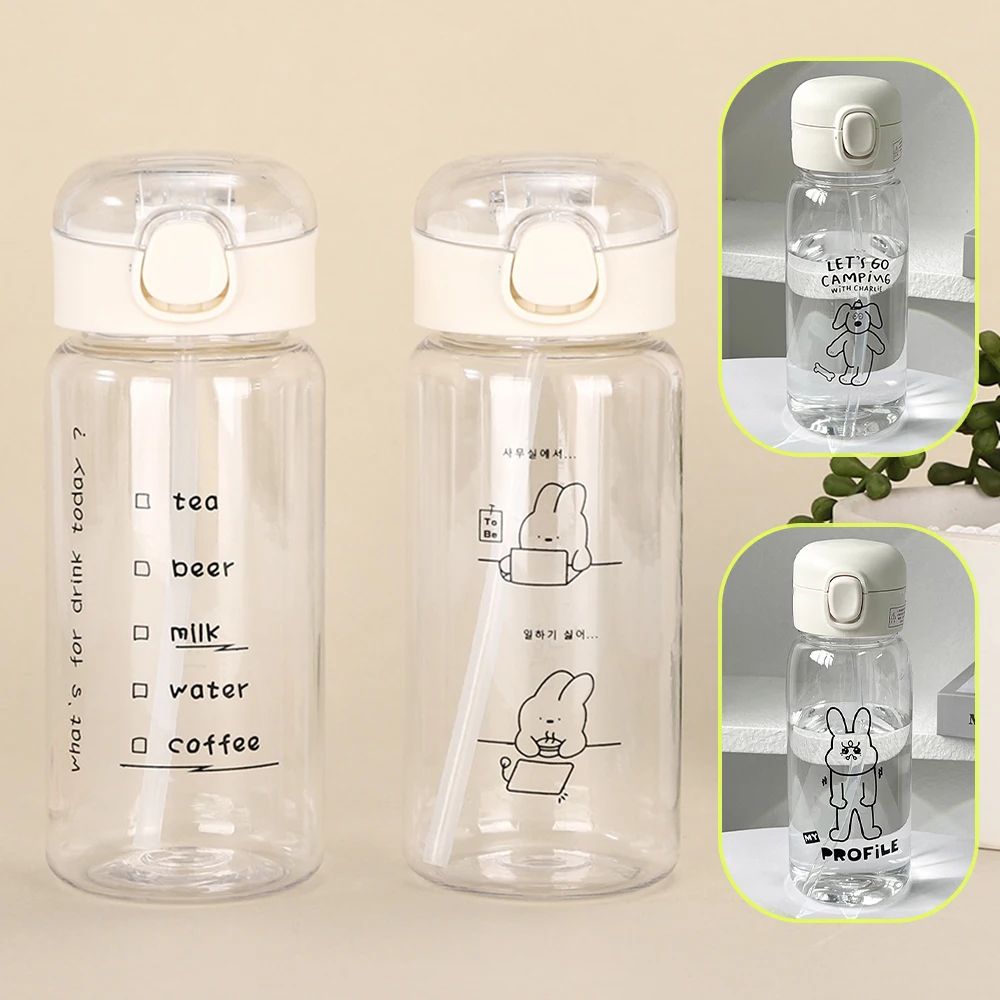 600ml Leakproof BounceStraw Water Bottle With OneClick Lid Cartoon Print DropResistant Sports Trave 1