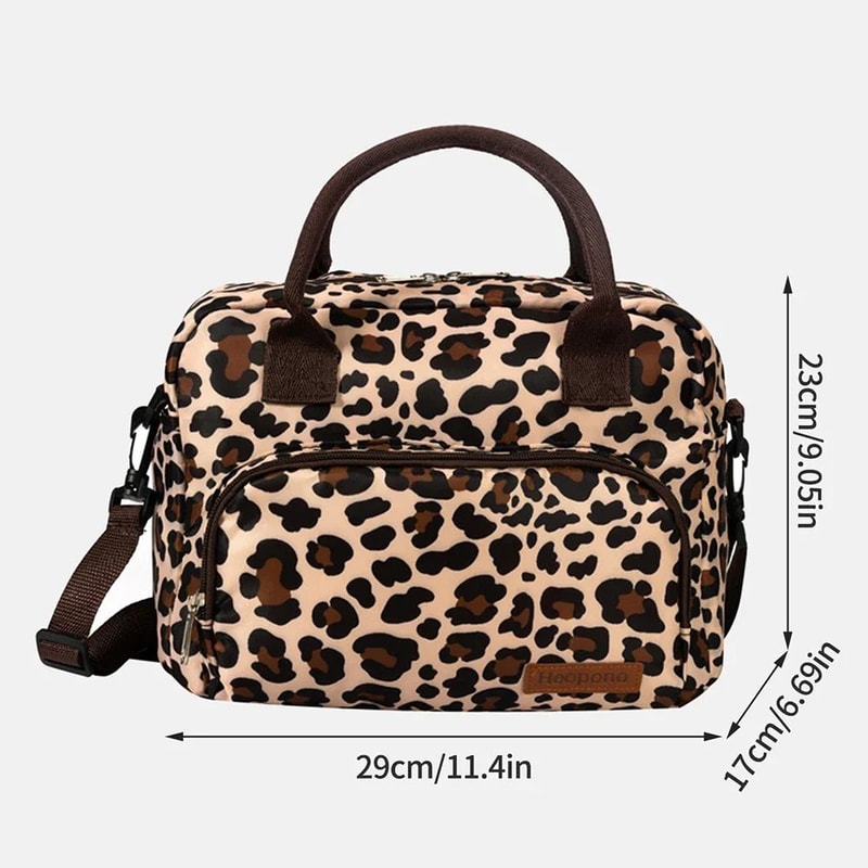 Leopard Print Insulated Lunch Bag Oxford Cloth Cooler Tote With Crossbody Strap For Picnic Travel F 4