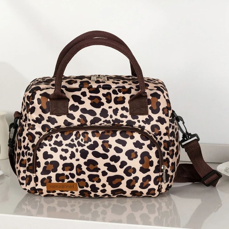 Leopard Print Insulated Lunch Bag Oxford Cloth Cooler Tote With Crossbody Strap For Picnic Travel F 5