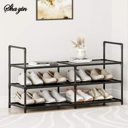3-tier wide metal shoe rack organizer with dustproof fabric shelves for closet, entryway, dorm & small space storage
