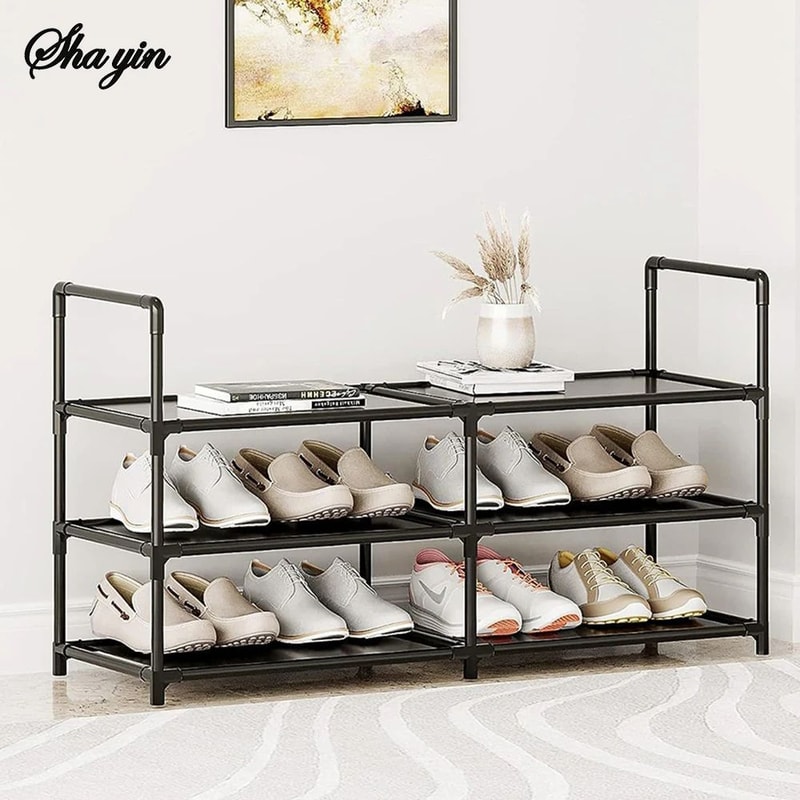 3Tier Wide Metal Shoe Rack Organizer With Dustproof Fabric Shelves For Closet Entryway Dorm Small 0