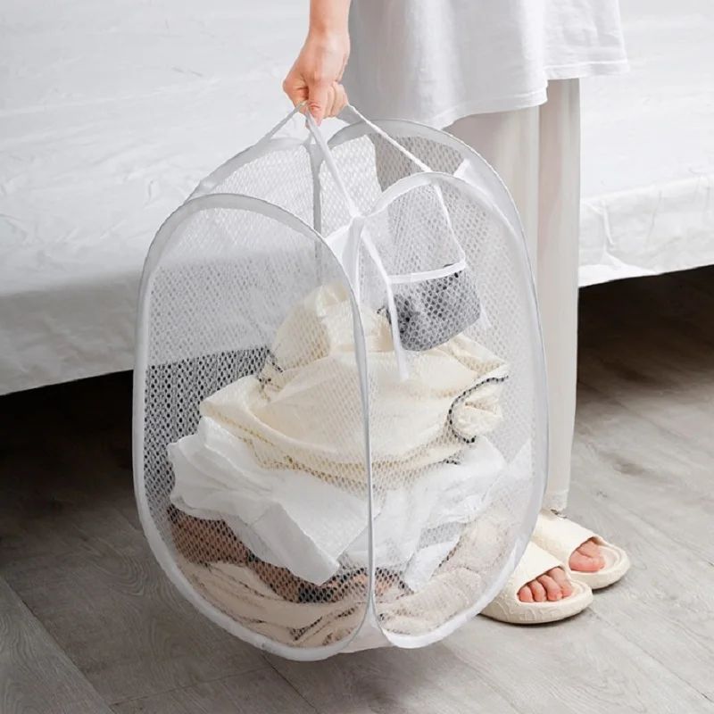 Foldable Mesh Laundry Basket With Handles Portable Breathable Dirty Clothes Hamper For Bedroom Bat 1
