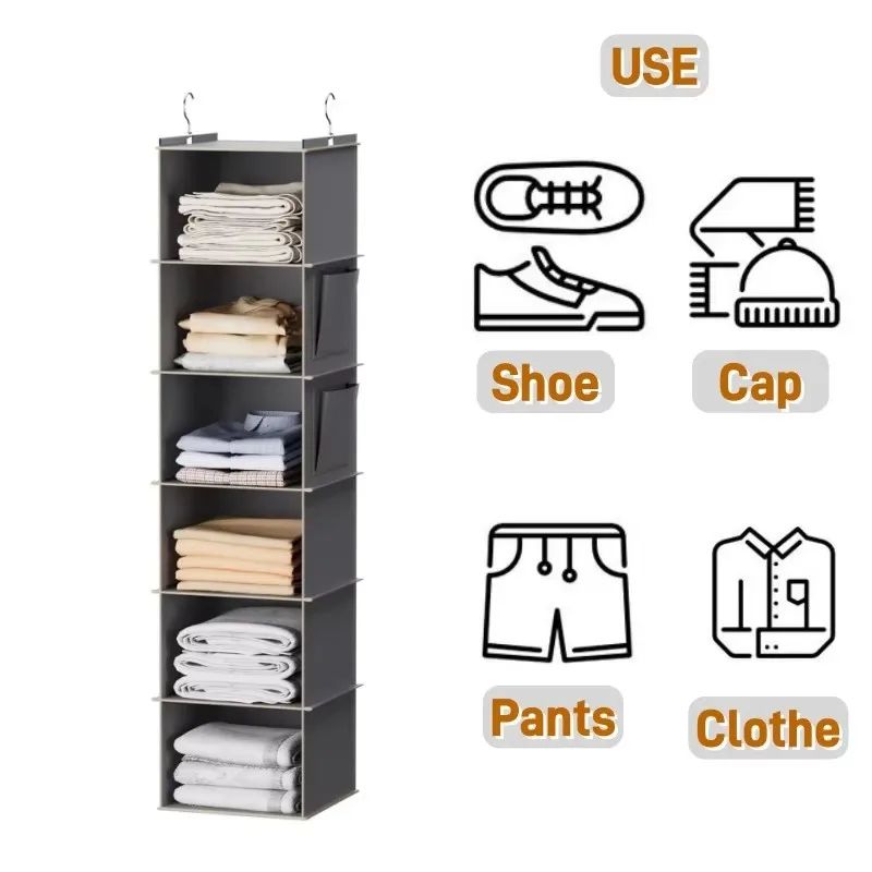 Foldable 6Shelf Hanging Closet Organizer Storage With 2 Hooks For Shoes Caps Clothes Pants Space Sa 0